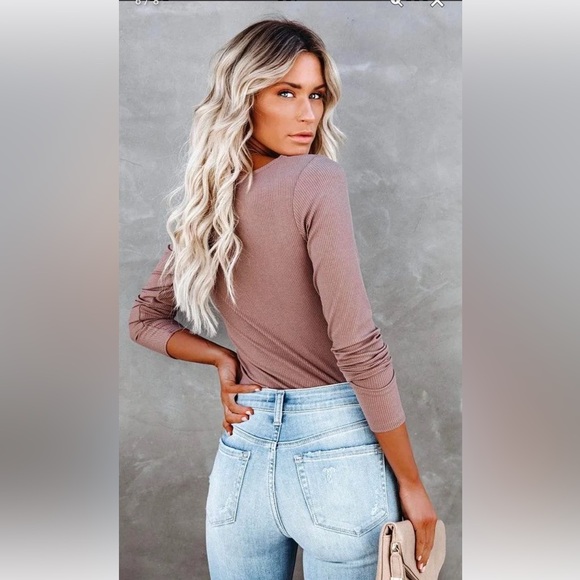 VICI Trina Square Neck Ribbed Bodysuit in Mocha Tan Cognac Light Brown Nude - Picture 3 of 8